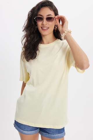 Tudors Kadın Slim Fit Dar Kesim Pamuk Kısa Kollu Bisiklet Yaka Sarı Tişört-50473 L