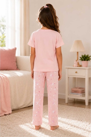Pijamask Kız Çocuk Baskılı Pamuklu Kısa Kollu Yazlık Pijama Takımı Pembe
