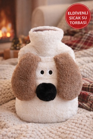 Beyaz Gromit Figürlü Eldivenli Sıcak Su Torbası Peluş Kılıflı, Karın El Isıtıcı Renkli