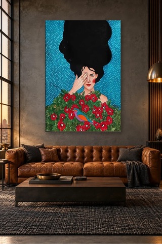 Fida Gözünü Eliyle Kapatan Kız Ve Kırmızı Güller Canvas Tablo Çok Renkli