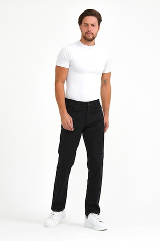Vikingsjeans Normal Kesim Fermuarlı Geniş Paça Yüksek Bel Siyah Baba Örme Kumaş Kot Pantolon Siyah