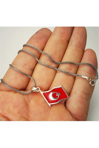 Mineli Gümüş Ayyıldız Bayrak Kolye Zincir