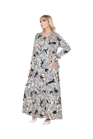 Melsay Butik Yeşil Beyaz Tropik Desen Uzun Kollu Kadın Tesettür Elbise Yeşil