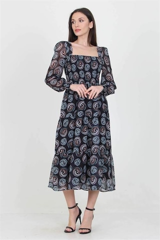 Neşeli Butik Siyah Kadın Siyah Gipeli Kare Yaka Desenli Şifon Elbise Nb100361 Siyah