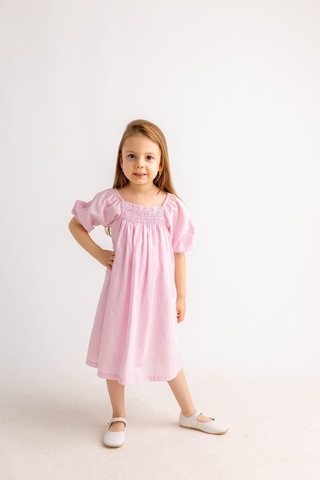 Oliventhekid Pembe Sıra Lastikli Kız Çocuk Elbise Pembe Pembe