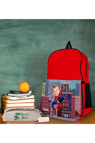 Bk Gift Kişiye Özel Süper Kahraman Tasarımlı Kırmızı Okul Çantası Ve Kalemlik Hediye Seti-1