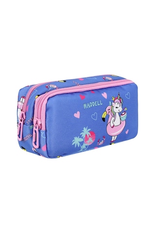 Waddell Lisanslı Turkuaz-pembe Unicorn Desenli Çift Gözlü Kalemlik Çantası Çok Renkli
