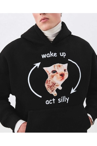 Hunors Sportswear & Company Wake Up Baskılı Unisex Model Pamuklu Kapüşonlu Sweatshirt SIYAH