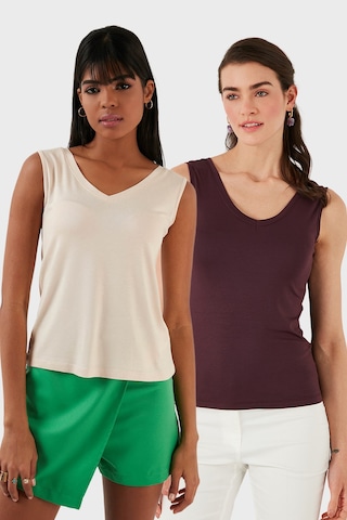 Lela Slim Fit V Yaka Kalın Askılı 2' Li Paket Bayan Bluz 5864384S2 Taş-Vişne