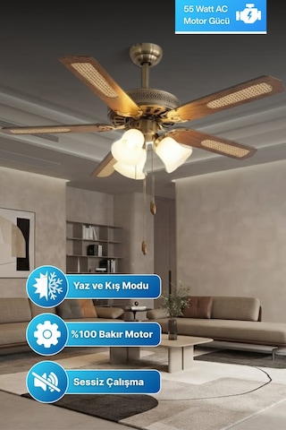 Reyo Lodos Ahşap 132cm İpli Bakır Motor 3 Lambalı Tavan Vantilatörü Ahşap