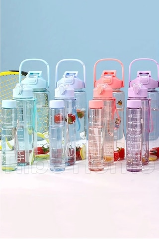 Tilbe Home 3'lü Motivasyonel Sporcu Su Şişesi Tritan Suluk Su Matarası Pipetli Stickerlı Suluk 2000+ Soft Pembe