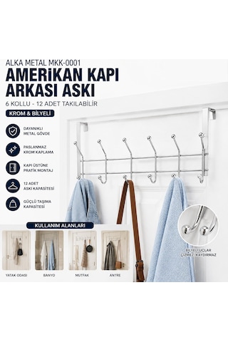 6 Kollu Krom Kapı Arkası Askı Bilyeli Amerikan Kapı Askılığı Delmeden Pratik Montaj Gri