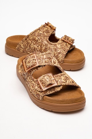 Luvishoes Luvi Shoes Mılana Taba Desenli Hakiki Deri Tokalı Çift Bantlı Kadın Terlik Taba
