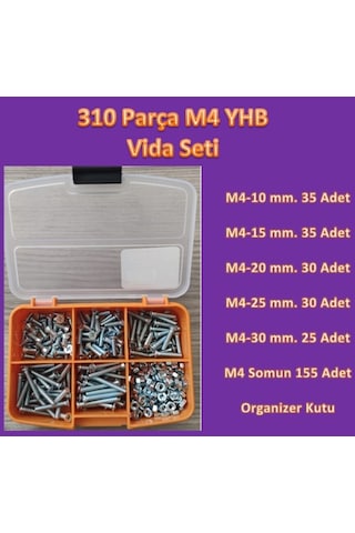 M4 Yhb Vida Somun Seti-310 Adet-metrik 4 Mm-boy 10-15-20-25-30 Mm