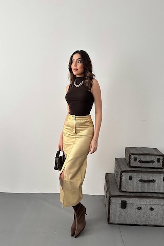 Alemdarshop Altın Varaklı Gabardin Yırtmaçlı Etek