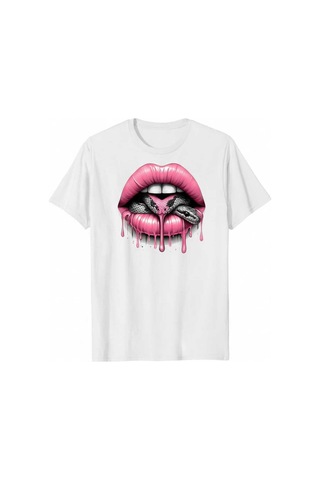 Kadın Beyaz Siyah Yılan Detaylı Dudak Baskılı Regular T-shirt Beyaz