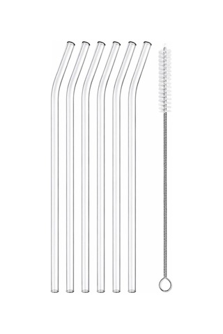 6'li Cam Pipet Seti + Temizleme Fırçası Kavisli Şeffaf Cam Pipet, Yeniden Kullanılabilir, Bulaşık Makinesinde
