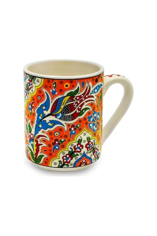 El Yapımı Seramik Kupa Organik Boya Lale Figürü Turuncu