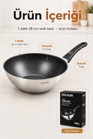 28 Cm Seramik İç Yüzeyli İndüksiyon Uyumlu Paslanmaz Çelik Wok Tava Gümüş
