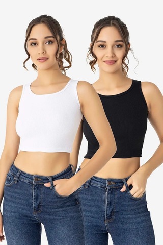 Terrien Özel Seri Esnek Atlet Kısa Üst Beyaz Siyah Kadın Pamuklu Fitilli Halter Yaka Crop 2'li Paket