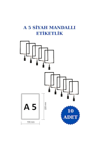10 Adet Siyah A5 Mandallı Raf Sepet Etiketi Çerçeveli Etiketlik Siyah