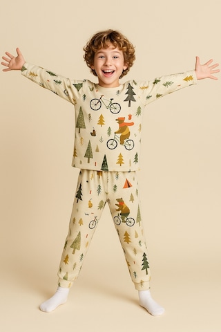Esila Kids Erkek Çocuk Pijama Takımı Baskılı Uzun Kollu Takım 3-7 Yaş Bej