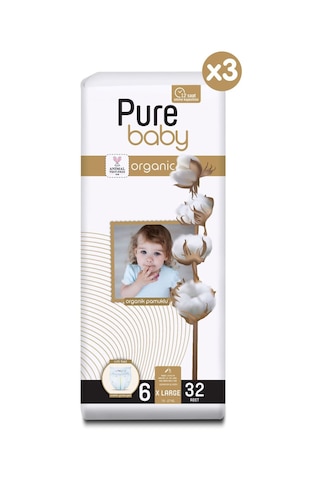 Pure Baby Organik Pamuklu Cırtlı Bez 3'lü Paket 6 Numara Xlarge 96 Adet 3'lü