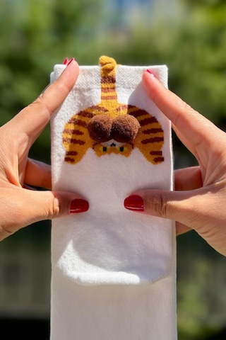 Lousocks Unisex Kahverengi Kedi Desenli Ponpon Soket Çorap