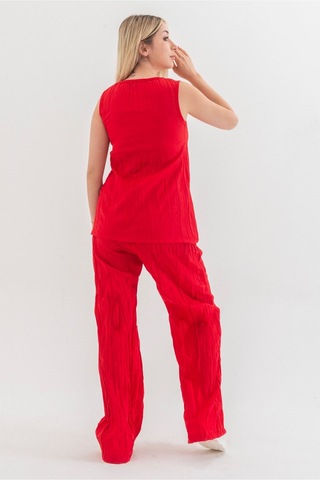 Bold & Young Kraşlı Cepli Beli Lastikli Viskon Polyester Dokuma Pantolon Kırmızı