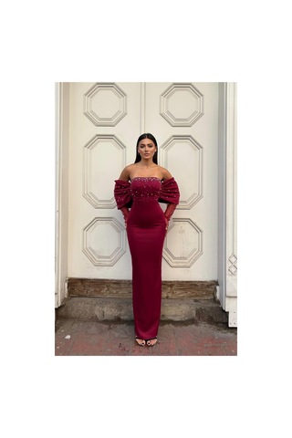 DefyModa Kadın Esnek Tül Kumaş Straplez Abiye Elbise Bordo