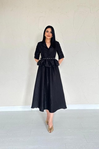 De'charme Siyah İnce Kemerli Fırfırlı Ceket Ve Büzgülü Etek Takım