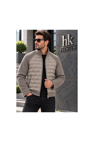 Hk Premium Erkek Mont Daire Baskı Örme Triko %100 Polyester Dik Yaka Ceket Bej