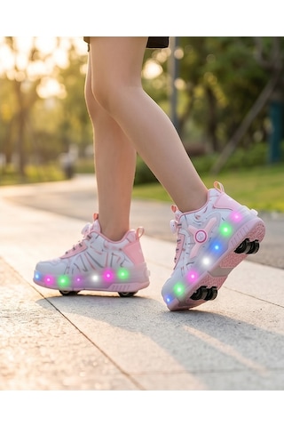 2256-n-drops Led Işıklı Çift Tekerlekli Akıllı Bağcıklı Unisex Çocuk Patenli Ayakkabı Beyaz - Pembe