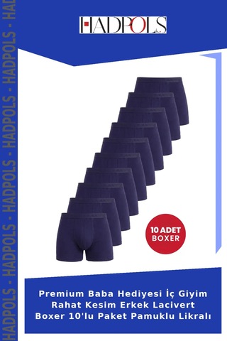 Hadpols Premium Baba Hediyesi İç Giyim Rahat Kesim Erkek Lacivert Boxer 10'lu Paket Pamuklu Likralı