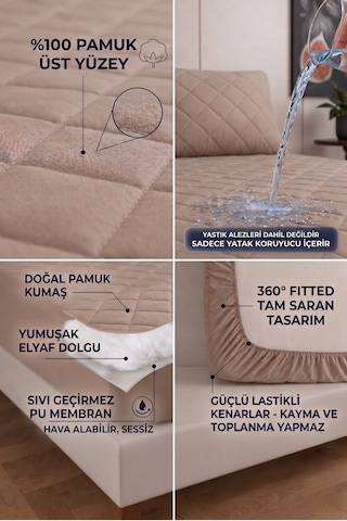 %100 Pamuk Renkli Kapitone Sıvı Geçirmez Alez Çarşaf - Kahverengi