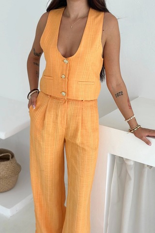 Çizgili Kumaş Yelek Takım Turuncu Turuncu