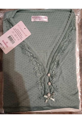 Pijamerry Kadın Dantel Yaka Bambu Uzun Kol Pijama Takımı 5208 - 1 Adet Yeşil