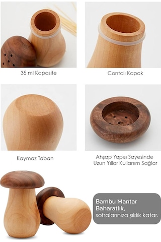 2'li Mantar Model Bambu Baharatlık - Tuzluk Biberlik Karabiberlik Baharat Takımı 35 Ml Bej