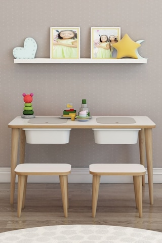 Moniev Çocuk Çalışma Masası Oyun Ve Etkinlik Masası Tabureli Beyaz Beyaz