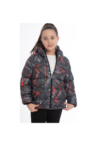 Kız Çocuk Siyah Geometrik Desen İçi Polar Su Ve Rüzgar Geçirmez Kapüşonlu Cepli Şişme Kışlık Mont Siyah