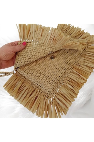 Boho Püsküllü Rafya Çanta El Yapımı Yazlık Hasır Kadın Clutch