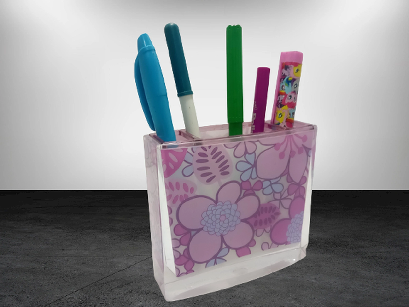 2 Adet Kalemlik Pembe Çiçekli Akrilik Ofis Gereci 10x10x3cm Çok Renkli