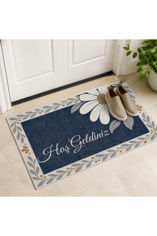 Kartela Halı Hoş Geldiniz Yazılı Papatyalı Kapı Paspası Lacivert Kaymaz Kauçuk Taban 60x90 Cm