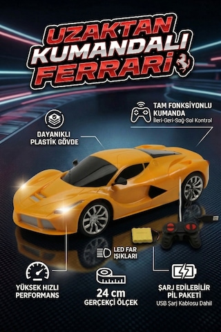 Uzaktan Kumandalı Şarjlı Araba 24 Cm Işıklı Ferrari & Lamborghini Model Full Fonksiyonlu Oyuncak Sarı Ferrari