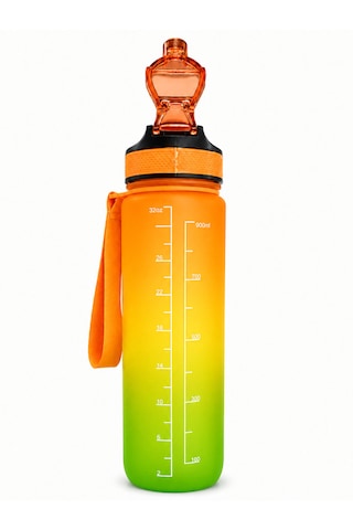 900 Ml Motivasyon Matarası Sızdırmaz, Kilitli, Silikon Uçlu, Taşıma Askılı, Geniş Ağızlı Su Matarası Turuncu