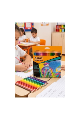 24 Lü Kuru Boya Kalemi Karton Kutu 1 Paket Bic İntensity 24 Renk Kuruboya Tam Boy Canlı Renkli Boya Kalem Okul Öğrenci Çok Renkli