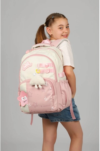 Twill Suya Dayanıklı Laptop Bölmeli Günlük Sırt Çantası Ve Peluş Oyuncak Hediyeli Okul Sırt Çantası Pembe