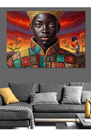 Altın Taçlı Afrikalı Adam Dekoratif Kanvas - Mdf Ahşap Tablo