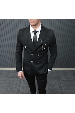 Beystil Sivri Yaka Siyah Kruvaze Takım Elbise Petek036 - Slim Fit Siyah