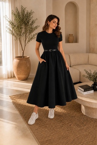 Unika Boutique Kadın Kemerli Poplin Midi Elbise Siyah